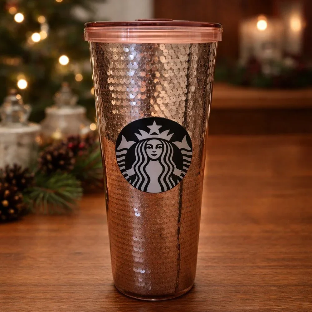 Starbucks 2017 Sequins Pink Rose Cold Cup Tumbler 24 oz *rare*‎ w/out straw